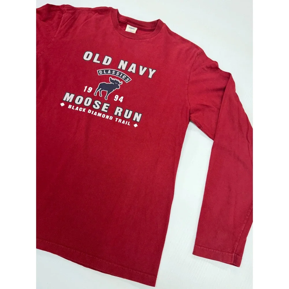 Old Navy Long Sleeve T-Shirt Maroon Moose Run Graphic Crew Neck Cotton Boys S